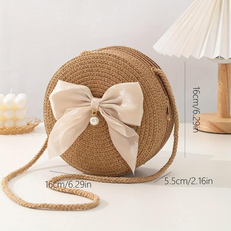 Elegant Round Straw Crossbody Bags with Bow Decoration Bohemian Chic Style Breathable Woven Design Beach Vacation Accessory