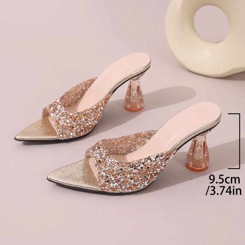 Fashion Fashion Banquet High-heeled Pointed Toe Slippers 2025 Summer Pointy Open Toe Sequin Set Foot Non-slip Transparent Heel Sandals