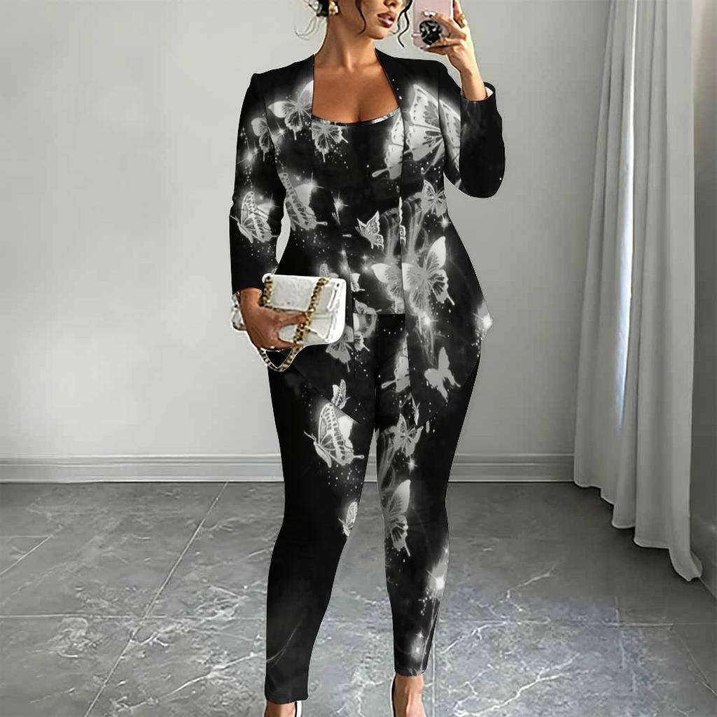 Plus Size Butterfly Print 3 Piece Outfit, Long Sleeve Open Front Cardigan Cami Top Leggings Set for Women