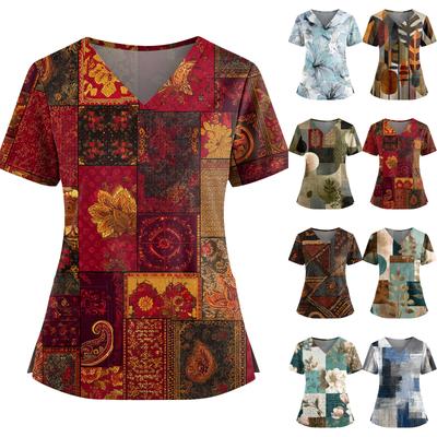 Damen Retro Bedrucktes V-Ausschnitt Doppelpattentaschen Kurzarm Saumschlitz Uniform Pflegeoberteil