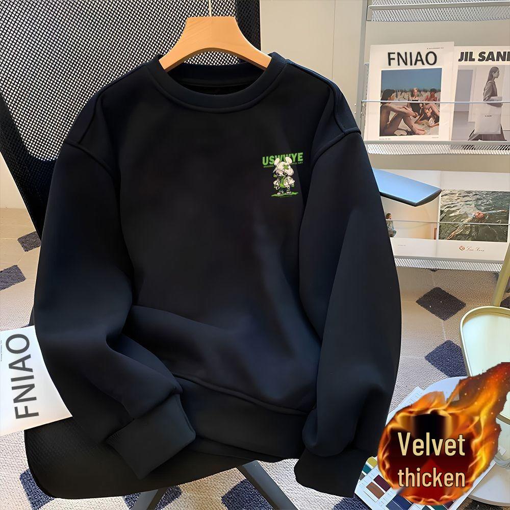 Men's Fleece-Lined Long Sleeve Round Neck Hoodie - Autumn 2025 American Style Heavyweight Pullover