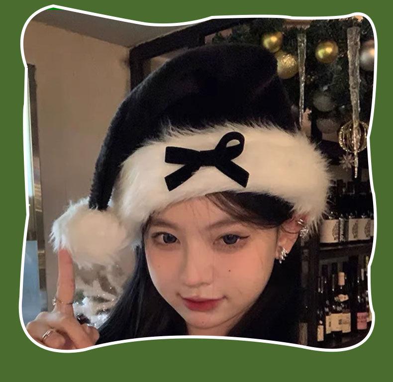 Women's Festive Plush Bow Hat - Black & Red Winter Headwear