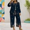 Women Plus Size Round Neck Long Sleeve Floral Printed Layered Top Wide Leg Cropped Pants Two Piece Set