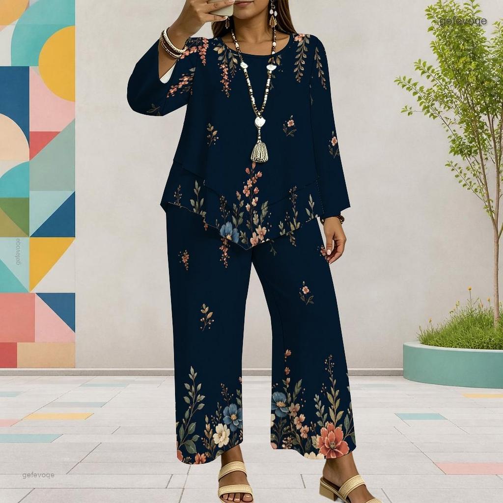 Women Plus Size Round Neck Long Sleeve Floral Printed Layered Top Wide Leg Cropped Pants Two Piece Set