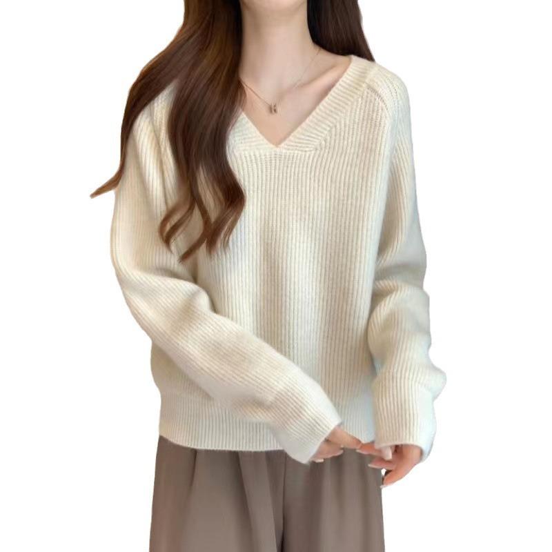 V-neck Solid-color Versatile Sweater with Autumn and Winter New Gentle Wind Soft Waxy Lazy Bottoming Knitted Sweater