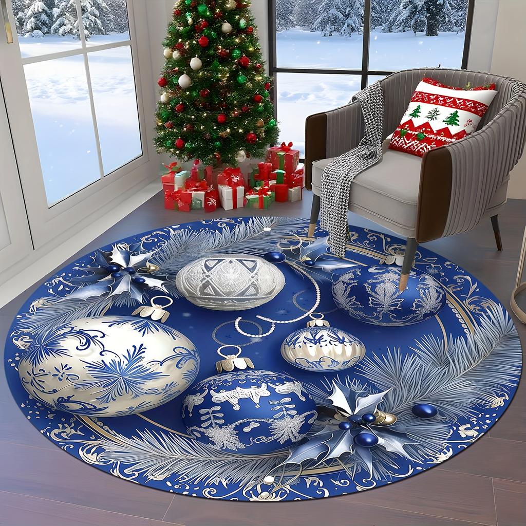 Christmas Blue Pine Berry Snowflake Pattern Round Shape Floor Mats Kitchen Hallway Runner Rug Bedroom Living Room Soft Carpet Non-slip Area Rug