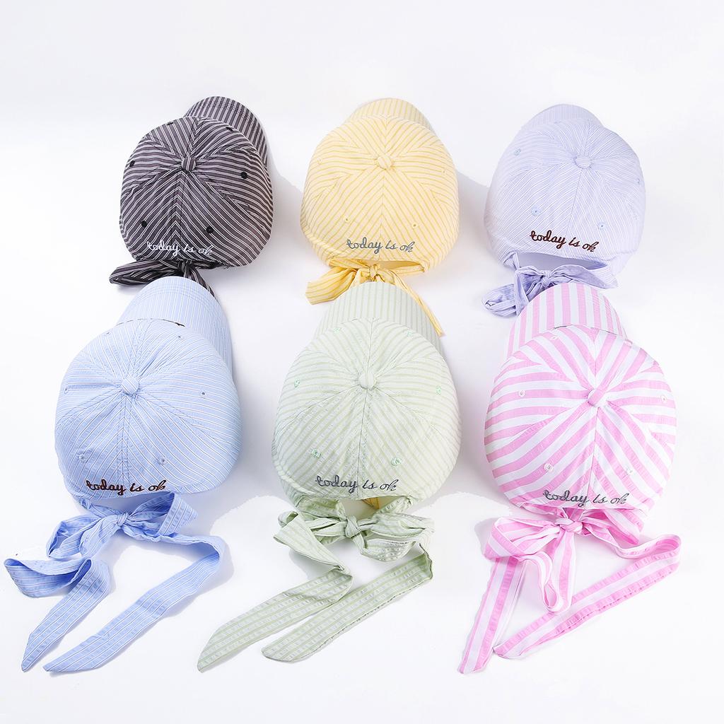 Striped Small Fresh Sun Cap Today Letter Embroidered Bow Back Tie Strap Baseball Cap Female