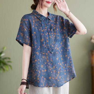 Summer Slim Standing Neck Cotton Linen Blouse Women Vintage Flower Printed Shirt Short Sleeve Green Blue Ramie Art Top
