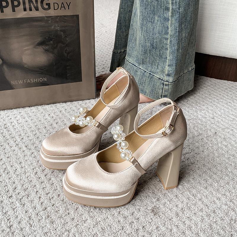 French high heels square head one-word buckle fashion shoes thick heel spring and autumn new single shoes 11cm 2025 waterproof tai xian