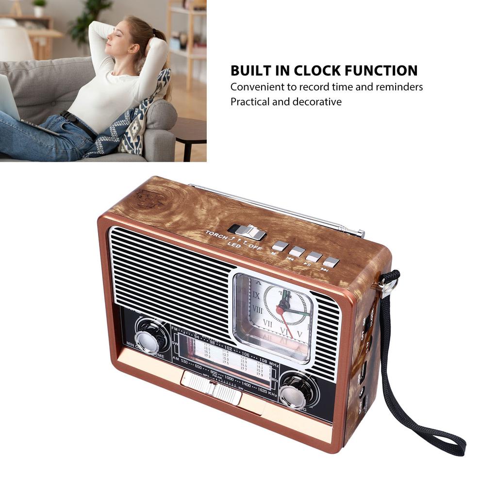Retro Radio AM FM SW Vintage Radio Uhr Klarer Klang Holzmaserung Multifunktionaler MP3-Player mit Bluetooth für Draußen für Zuhause