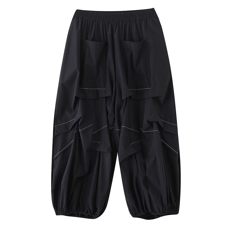 Damen Sommer Elastischer Bund Bloomer Lässige Einfarbige Plissierte Weitbein Hose mit Taschen