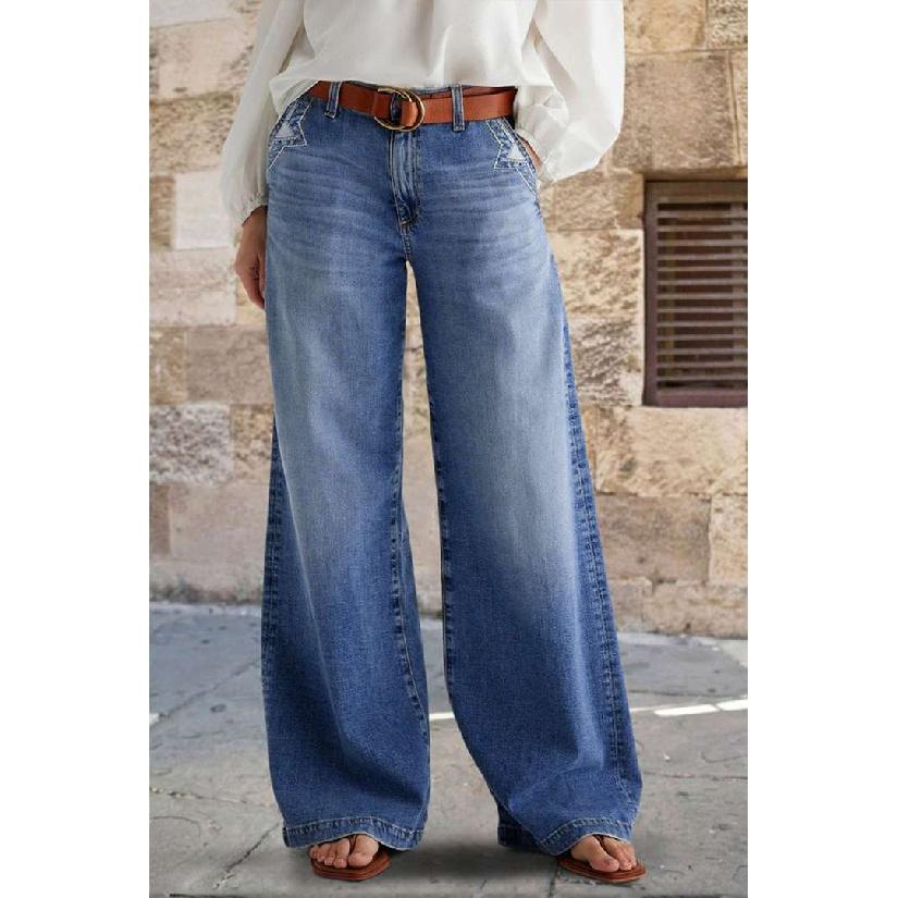 

2026 New Vintage Wide-Leg Jeans for Women, Embroidered Stretch Straight Pants, Casual Long Trousers S синий