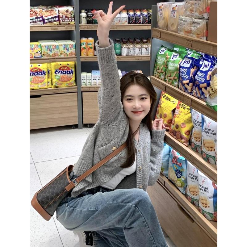 

Маленький парфюмированный стиль ретро ленивый ветер серый свитер с круглым вырезом Senior Sense of Niche вязаный кардиган женский осенне-зимняя верхняя одежда One Size