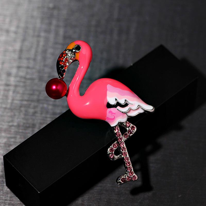 Cloisonné Flamingo & Pearl Brooch - Elegant Cartoon Pin Corsage