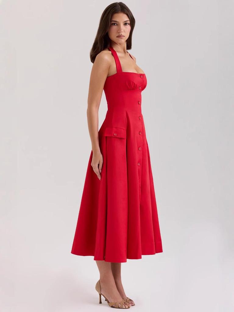 Elegant Retro Red Tie Halter Mid-Length Dress