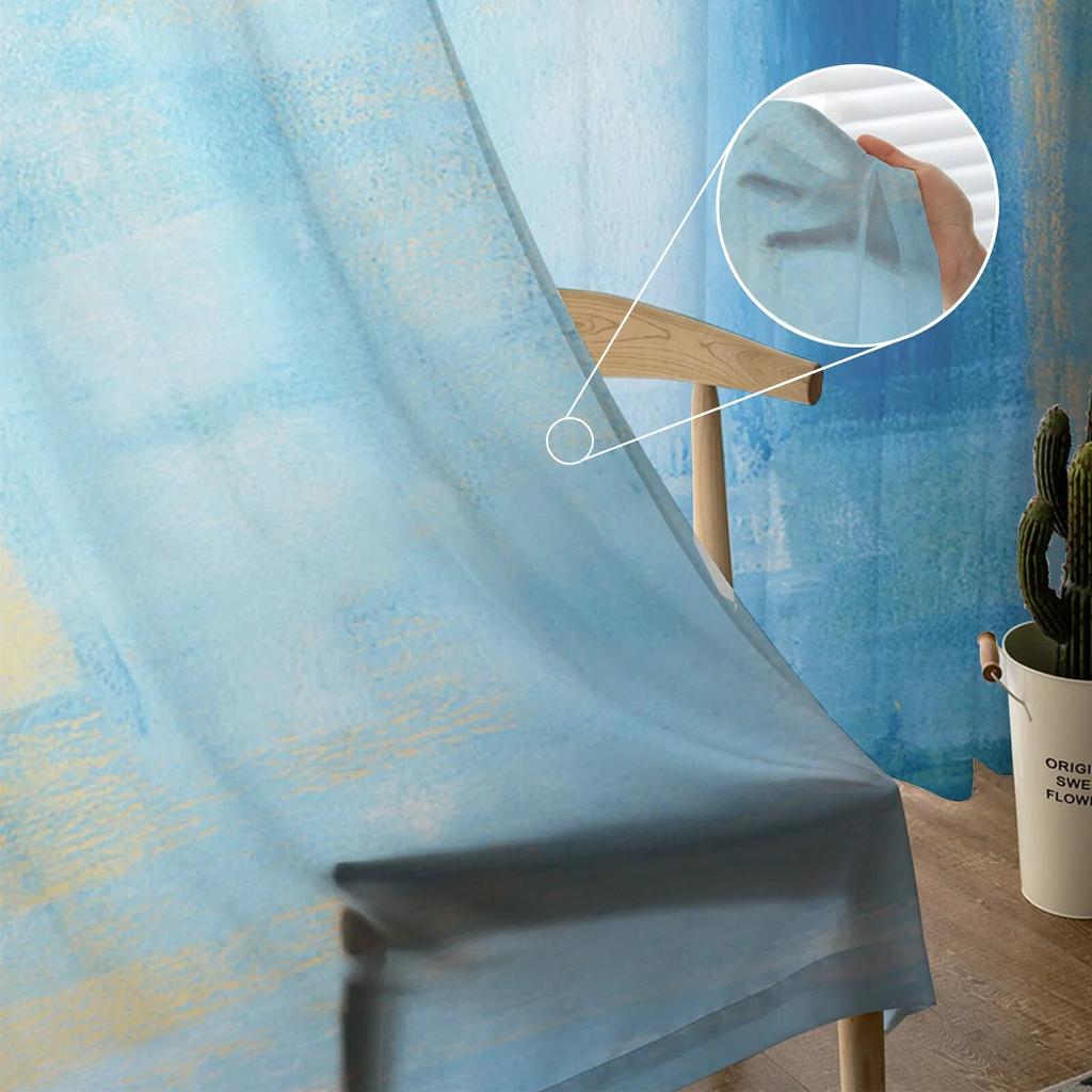 Pintura a óleo abstrata cortinas azuis transparentes para sala de estar quarto decoração de casa cozinha tule para janelas cortinas de voile