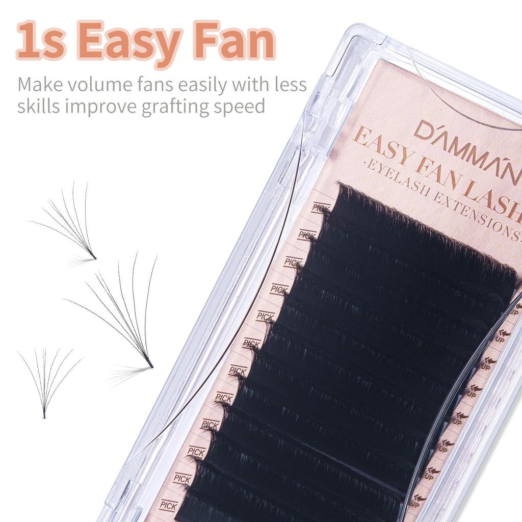 Damman 1 box of 12 rows of easy-fan eyelash extensions, 8-15mm, automatic fan-shaped eyelashes, 0.05/0.07 C/D curvature, easy-blooming eyelashes.