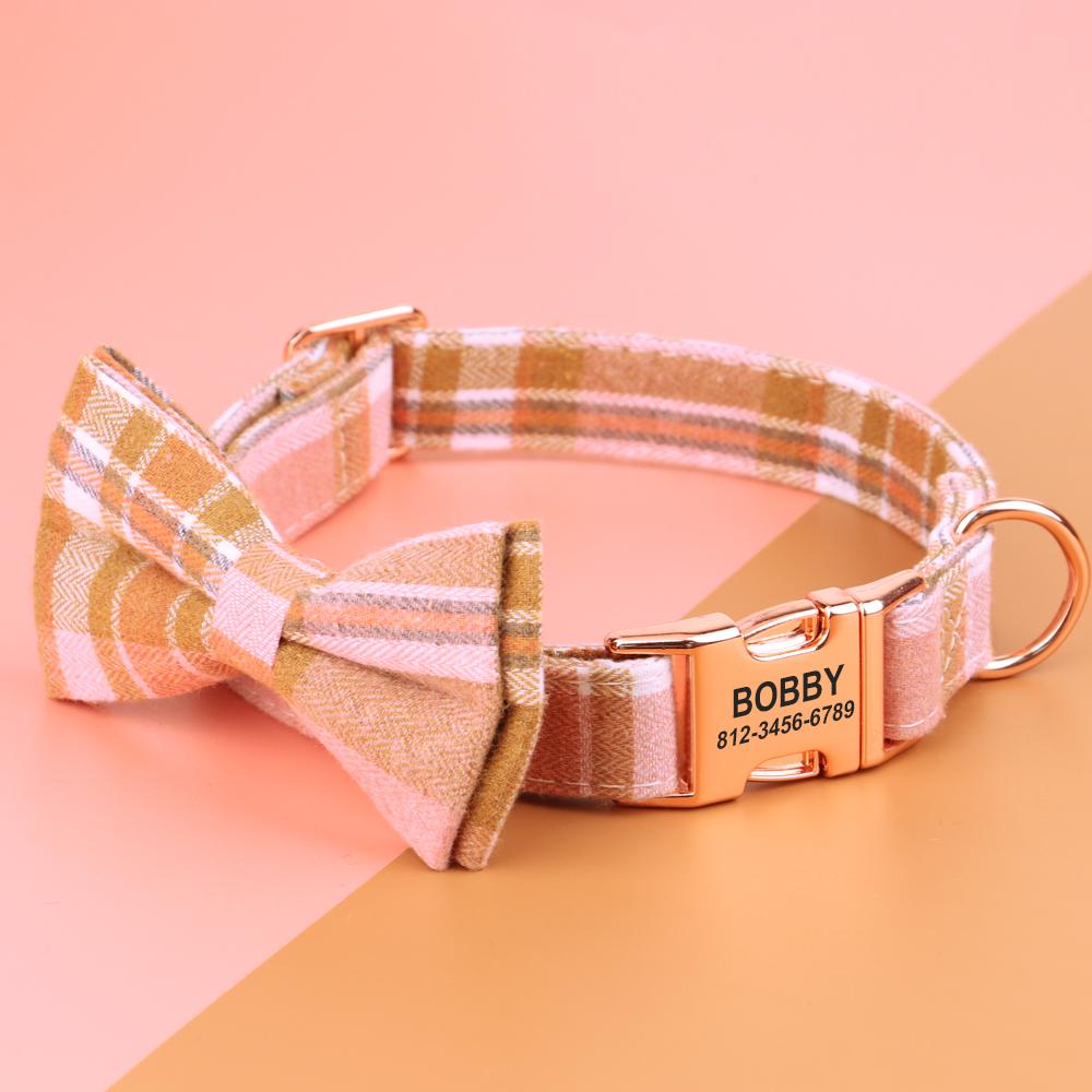 

Personalized Bowknot Dog Collar Nylon Plaid Dog Collars Free Engraving Custom Pet Nameplate Necklace For Small Medium Large Dogs S рожевий