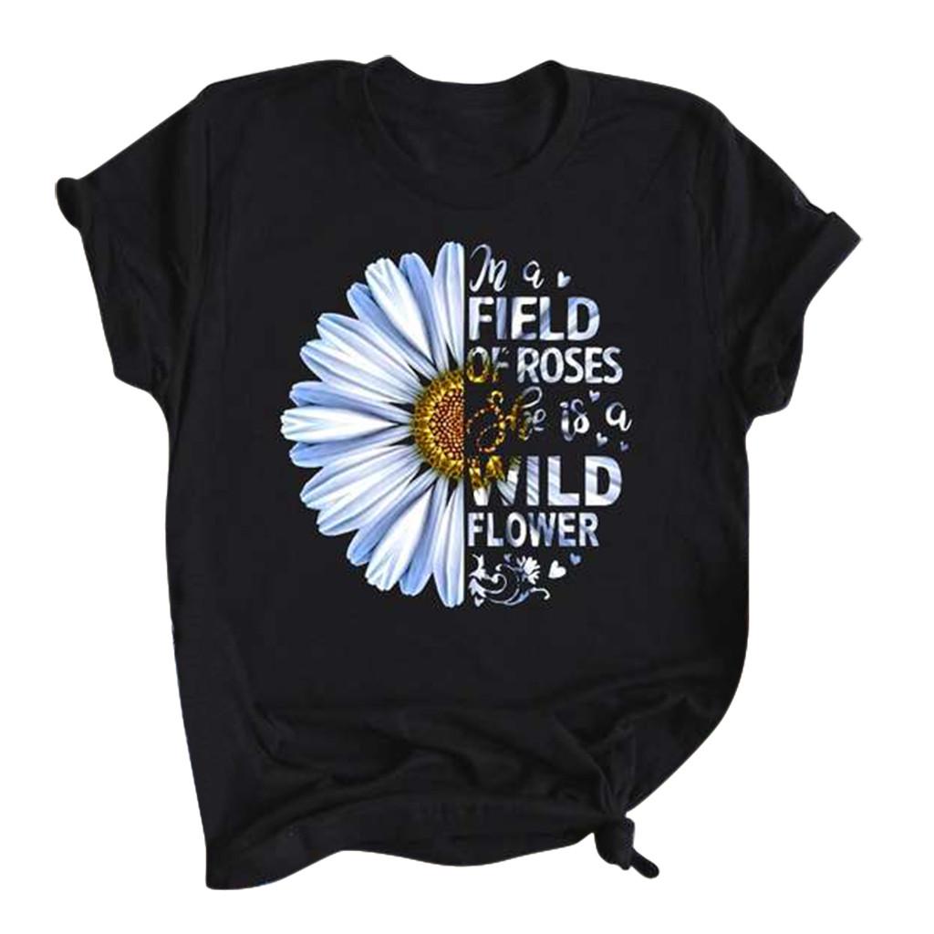 

(SU)Женская повседневная футболка с круглым вырезом и короткими рукавами с полем роз и дикими цветами
