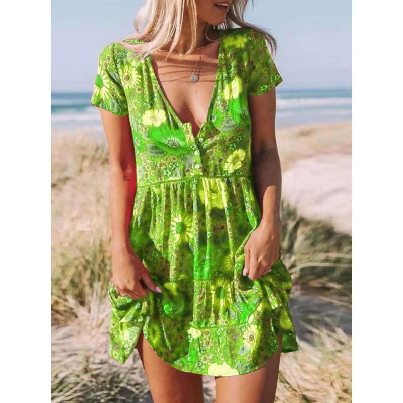 

women s Boho Floral Print V Neck Short Sleeve Mini Dress Casual Ruffled Tiered Sundress 5XL світло-зелений колір