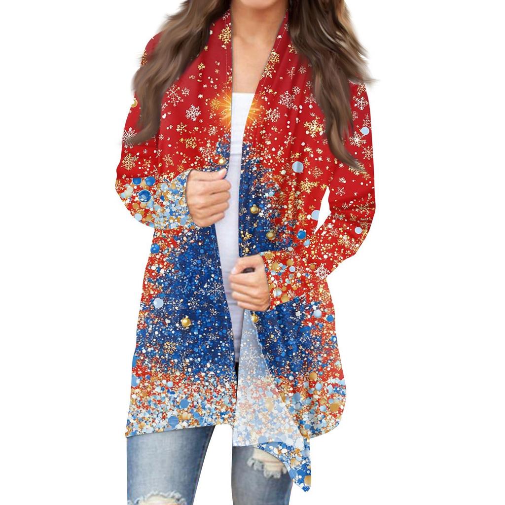 Damenmode Weihnachtsdruck Jacke Langarm Casual Cardigan Mantel