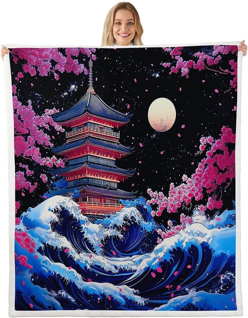 GUOYU Decke Japanische Stil Decken und Überwürfe Kran und Sonne Decke Überwurf für Kinder Erwachsene Kirschblüte Fleece-Decke Orientalische Malerei