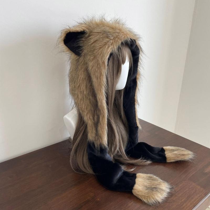 Furry Neck Scarf Hat with Animal Ear Winter Outdoor Sport Shawl Hat Anime Costume Earmuff Hat for Skiing Cold Weather