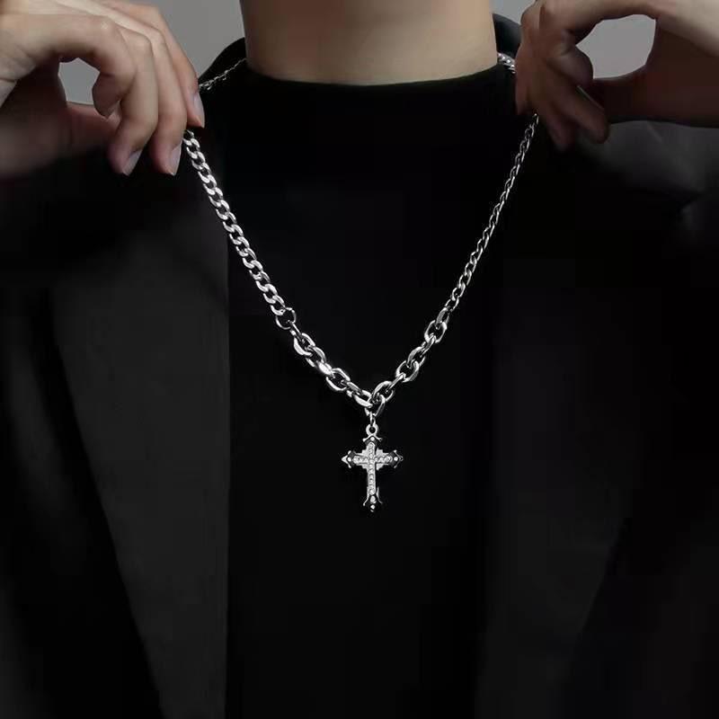 4pcs Personality Trendy Black Zircons Awn Star Cross Pendant Cuban Chain Necklace for Men Friends Hip-hop Punk Jewelry Sets Gift