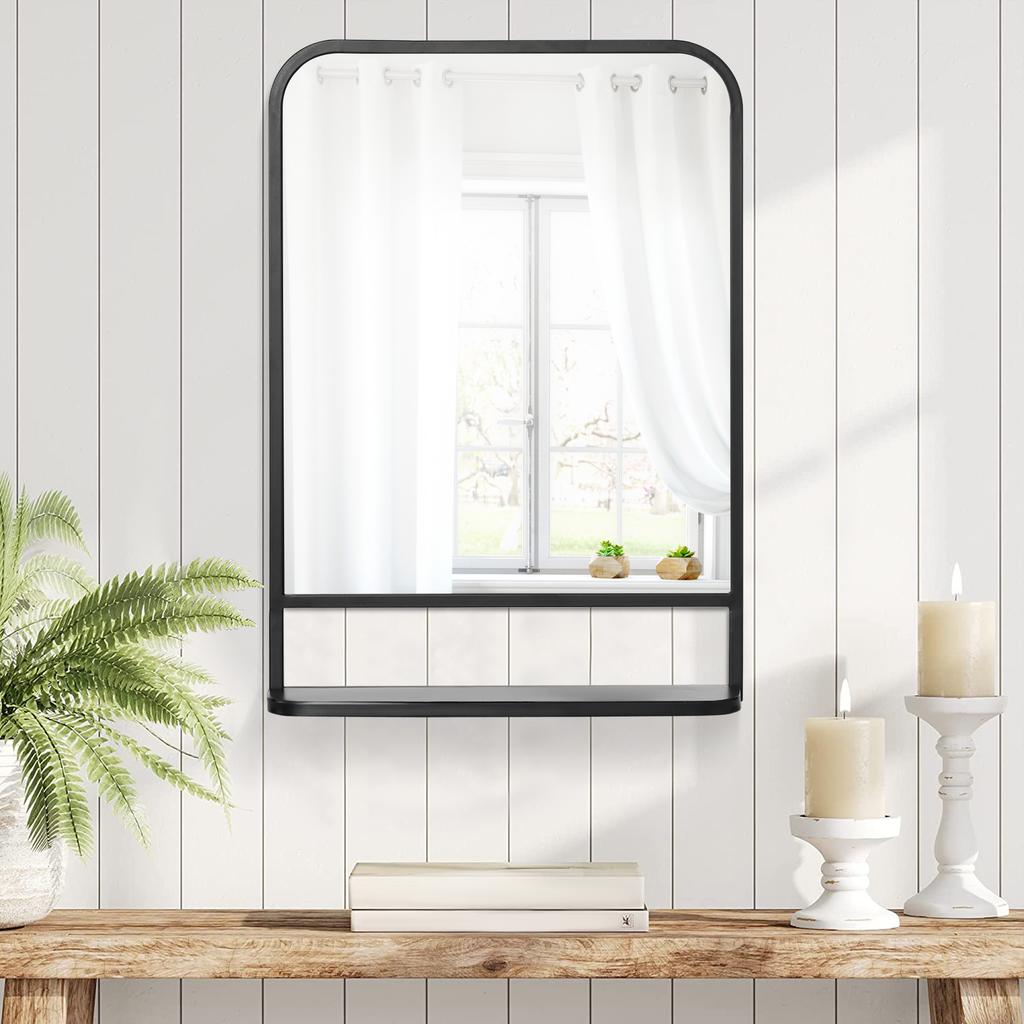 Wall Mirror with Metal Frame, Rounded Edges, 1 Shelf, 70 Cm X 10.2 Cm X 50 Cm, Black + Silver