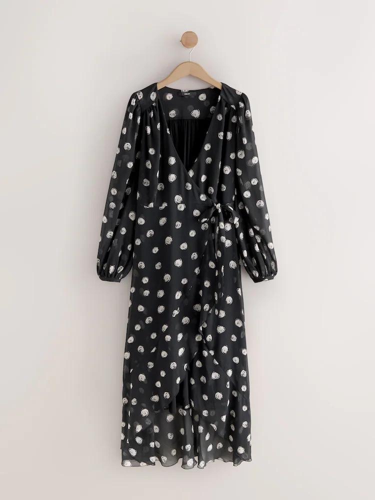 

2025 French-Style Polka Dot Dress: Slimming Mid-Length Skirt with Puff Sleeves Small чёрный