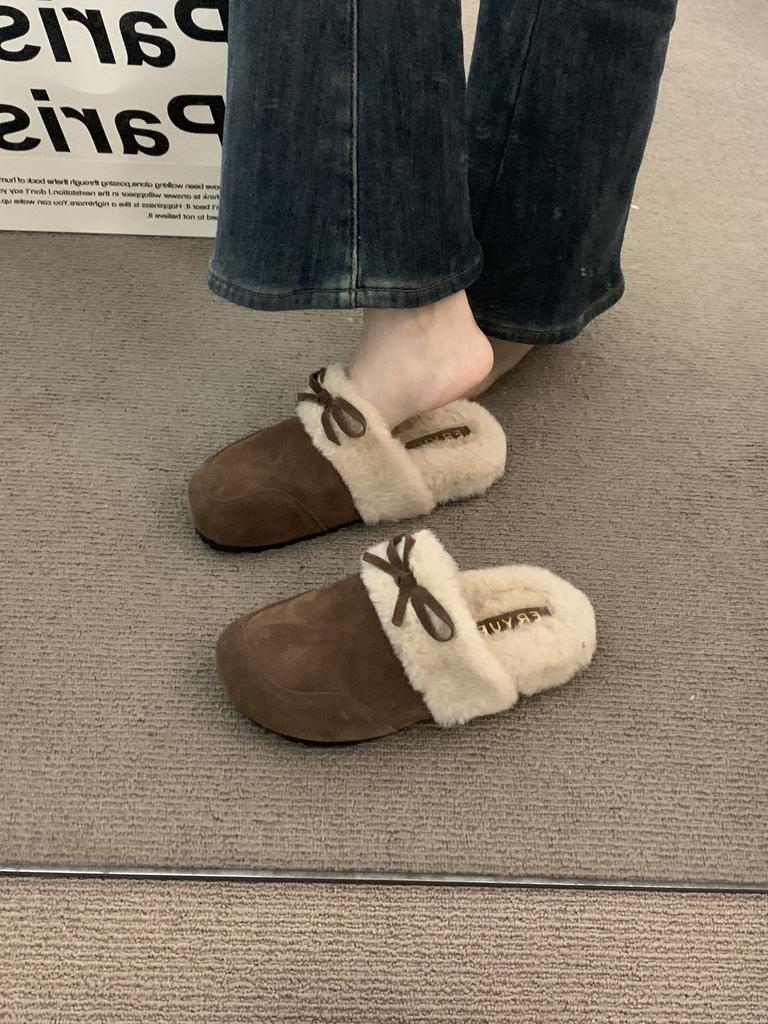 Soft leather version~ frosted and velvet bag head Boken slippers for women to wear autumn and winter muffin thick-soled evening warm cotton shoes