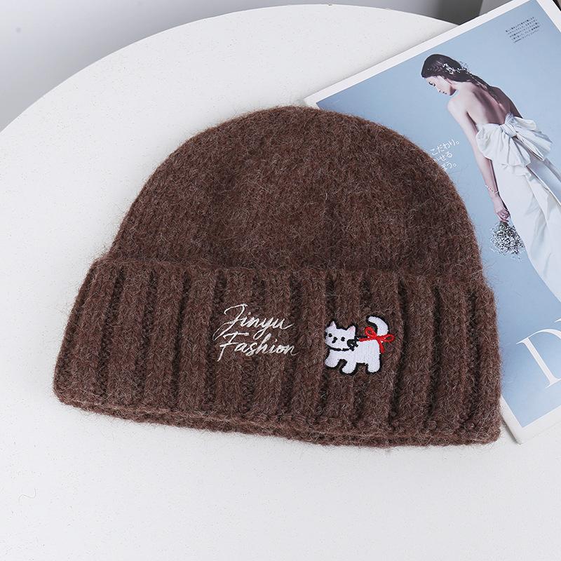 Source new cat letter embroidery knitted wool hat women's autumn and winter flanged warm cold hat stack hat