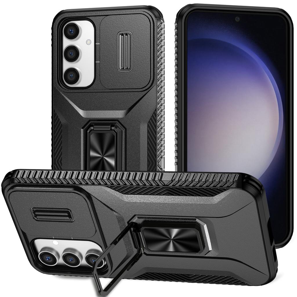 For Samsung Galaxy S23 FE Kickstand Case TPU+PC Phone Protector with Slide Lens Cover