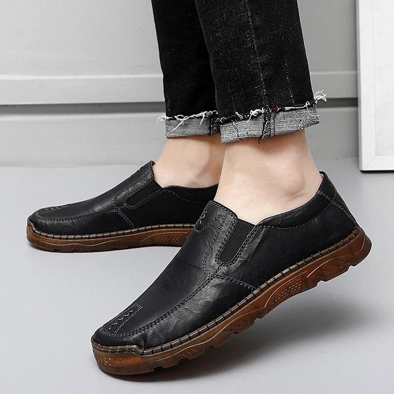 Fashionable Lightweight Handmade Soft Flat Leather Casual Shoes Men Comfortable Durable Waterproof Perfect for Walking Travel