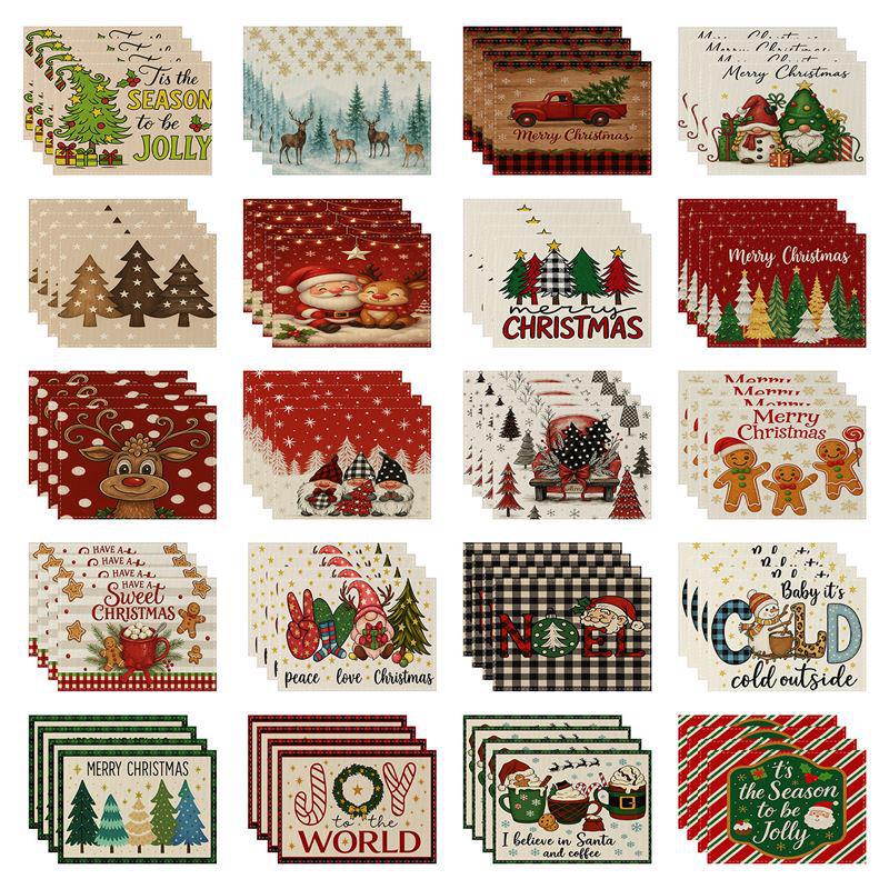 New Christmas Faux Linen Heat-Resistant Table Placemats - Rectangular Festive Dining Decor.