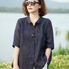 Women Embroidered Linen Blend Shirt Turn Down Collar Three Quarter Sleeve Casual Blouse