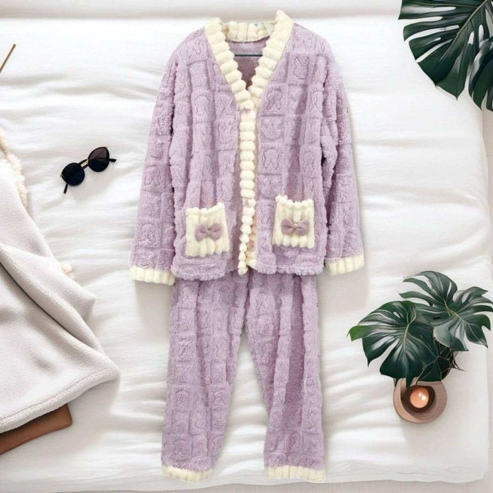 **Kadın Flanel Pijama Takımı Yuvarlak Yaka Jakarlı Uzun Peluş Kalın Sıcak Ev Giyimi**
