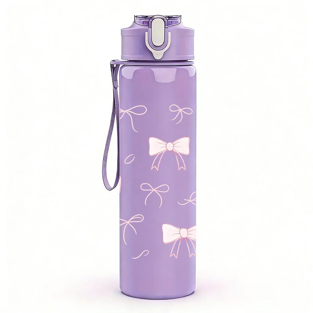 1PC Soft Pink Bow Repeat Pattern 750ml Color Plastic Sports Water Bottle Leakproof Flip Straw Lid Suitable for Sports Office Home Use