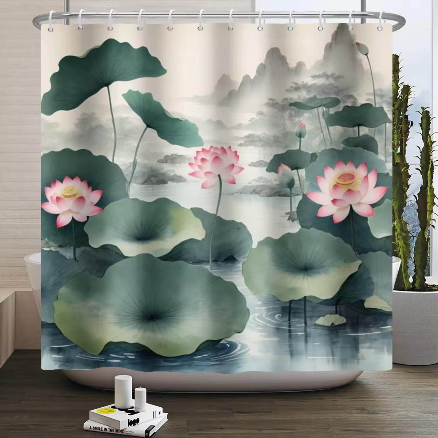 

Chinese Traditional Painting Lotus Shower Curtains Green Fresh Bathroom Decoration Waterproof Polyester Fabric Bath Curtain W60H190(CM)-1 Pcs