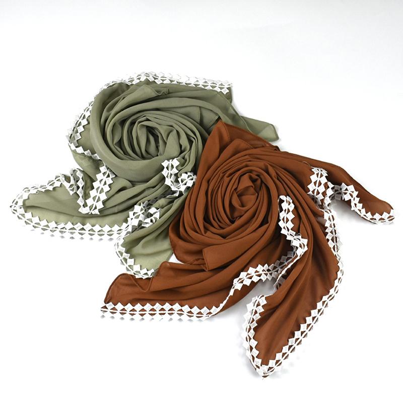 Muslim Chiffon Hijab Scarf for Women Lady Lace Trim Solid Square Head Wrap Shawl Female Jersey Hijabs Scarves Islamic Turban