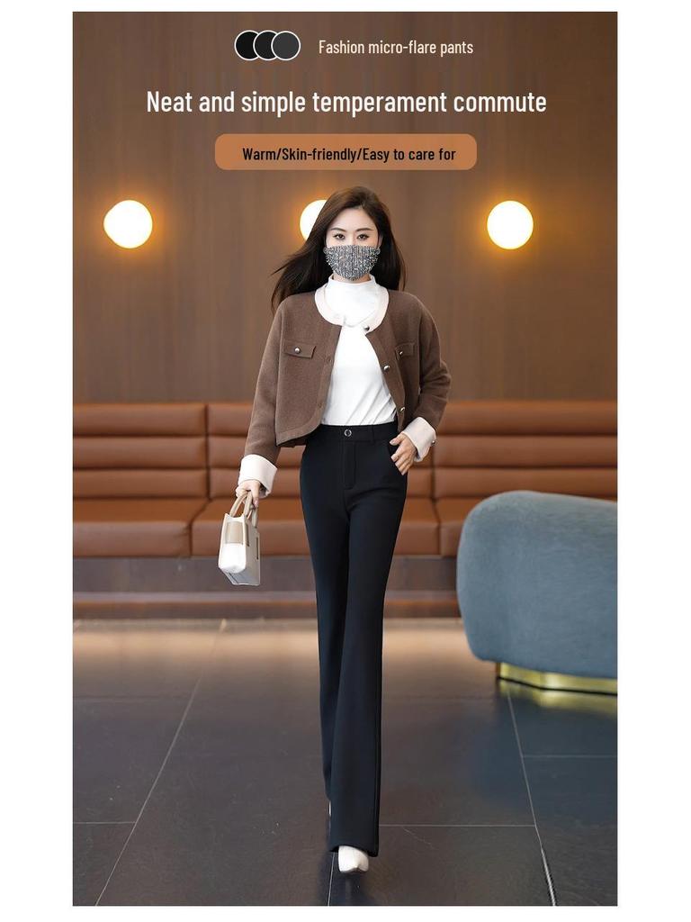 Women's High Waist Fleece-Lined Micro Flare Pants - Slim Fit, Elastic, Casual, and Versatile for Autumn and Winter.
