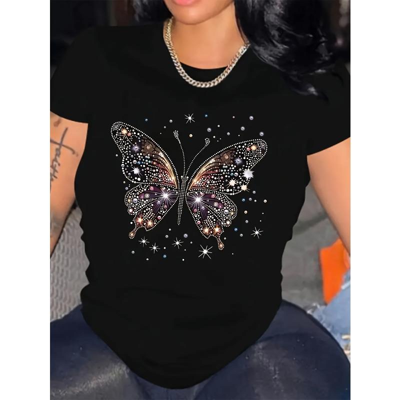 

European sizes New Women S Short Sleeve T-Shirt | Black Women S Casual Comfortable Breathable Slim Fit Tee with Butterfly Pattern 4XL
