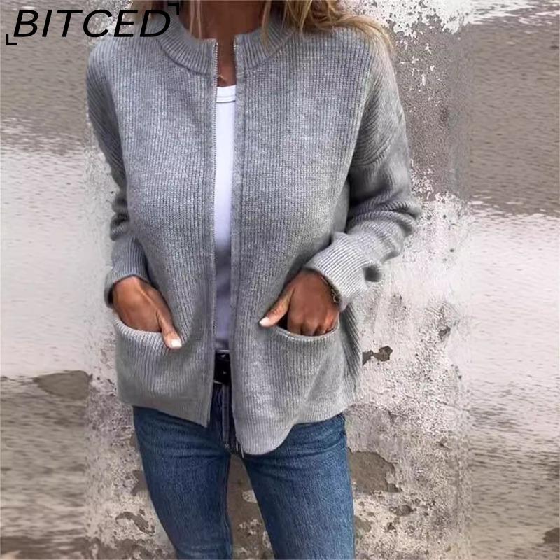 BITCED Autumn/Winter Women's Casual Fashion Solid-Colour Pocket Cardigan Jacket