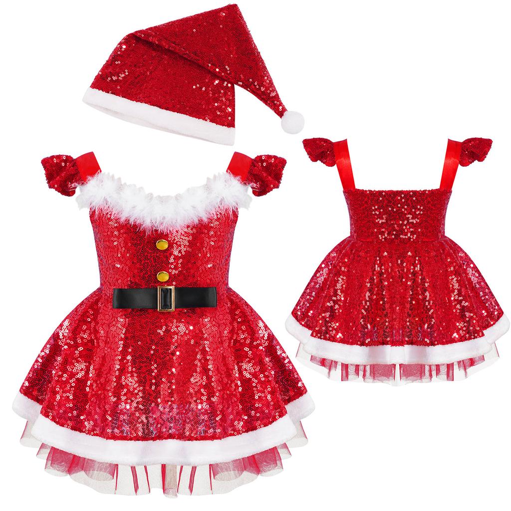 Kids Girls Christmas Costume Sequins Faux Fur Adorned High Waist Dress with Hat Set