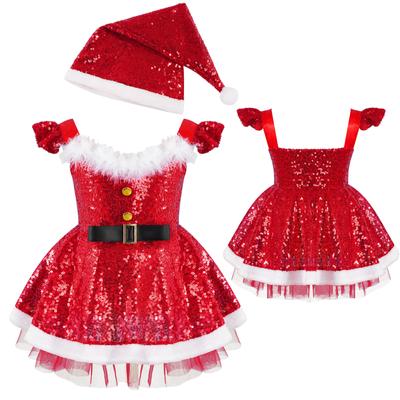 Çocuk Kız Noel Kostümü Payetler Taklit Kürk Süslenmiş Yüksek Bel Elbise Şapka Seti
