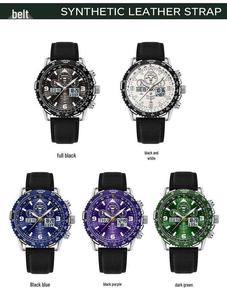Orologio da polso da uomo Sanda a doppio movimento con display a tre finestre, multifunzioni, cinturino in pelle e acciaio e funzione impermeabile.