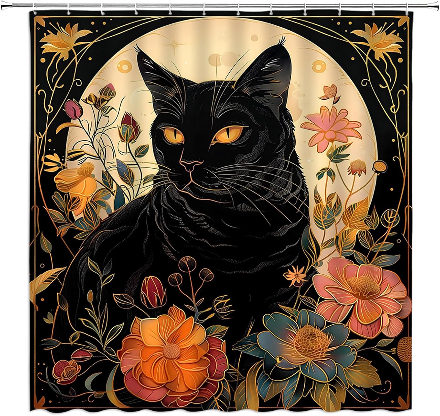 

Black Cat Shower Curtain Boho Floral Vintage Flower Retro Aesthetic Mystic Witchy Moon Abstract Bathroom Curtain Set With Hooks W60H190(CM)-1 Pcs