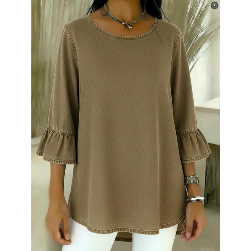 IHUASU Women's Fashion Casual Solid Color Print 3/4 Sleeves O-Neck Blouses & Shirts