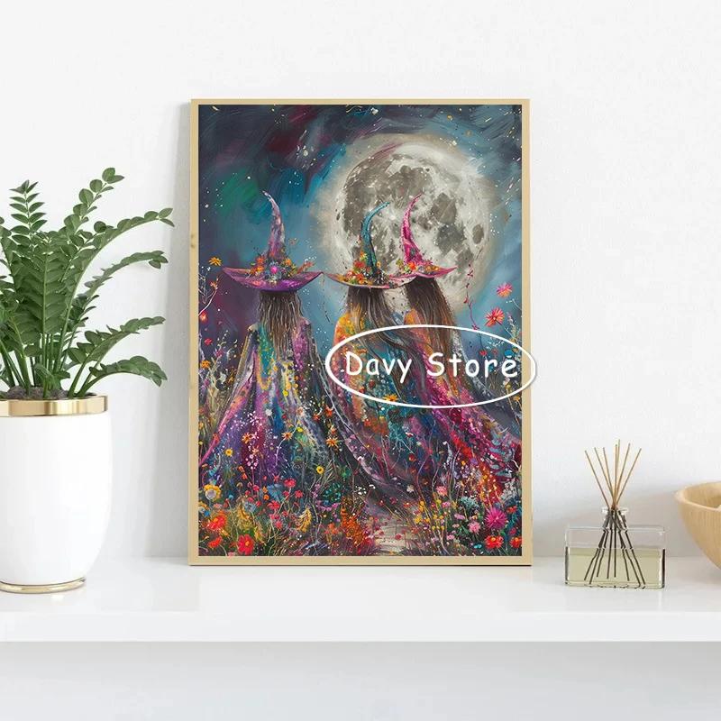 Witches Magic Mystical Print Posters Halloween Moon Witch Flowers Canvas Paintings Wall Art Picture for  Living Room Home Decor