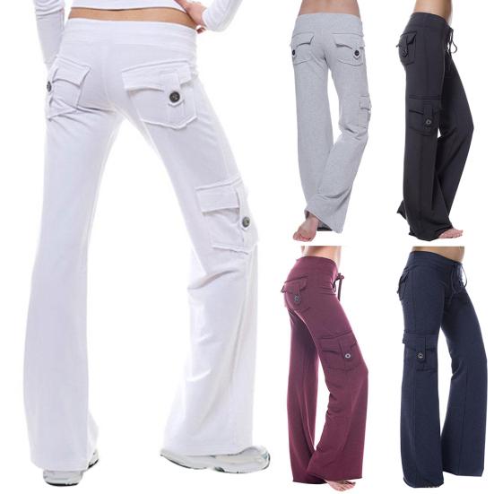 Dámské jednobarevné strečové kalhoty na jógu s mnoha kapsami, sportovní kalhoty slim fit